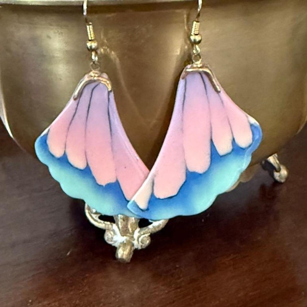 Vintage handmade Butterfly Wing Dangle Earrings Pastel whimsical Fairy Boho